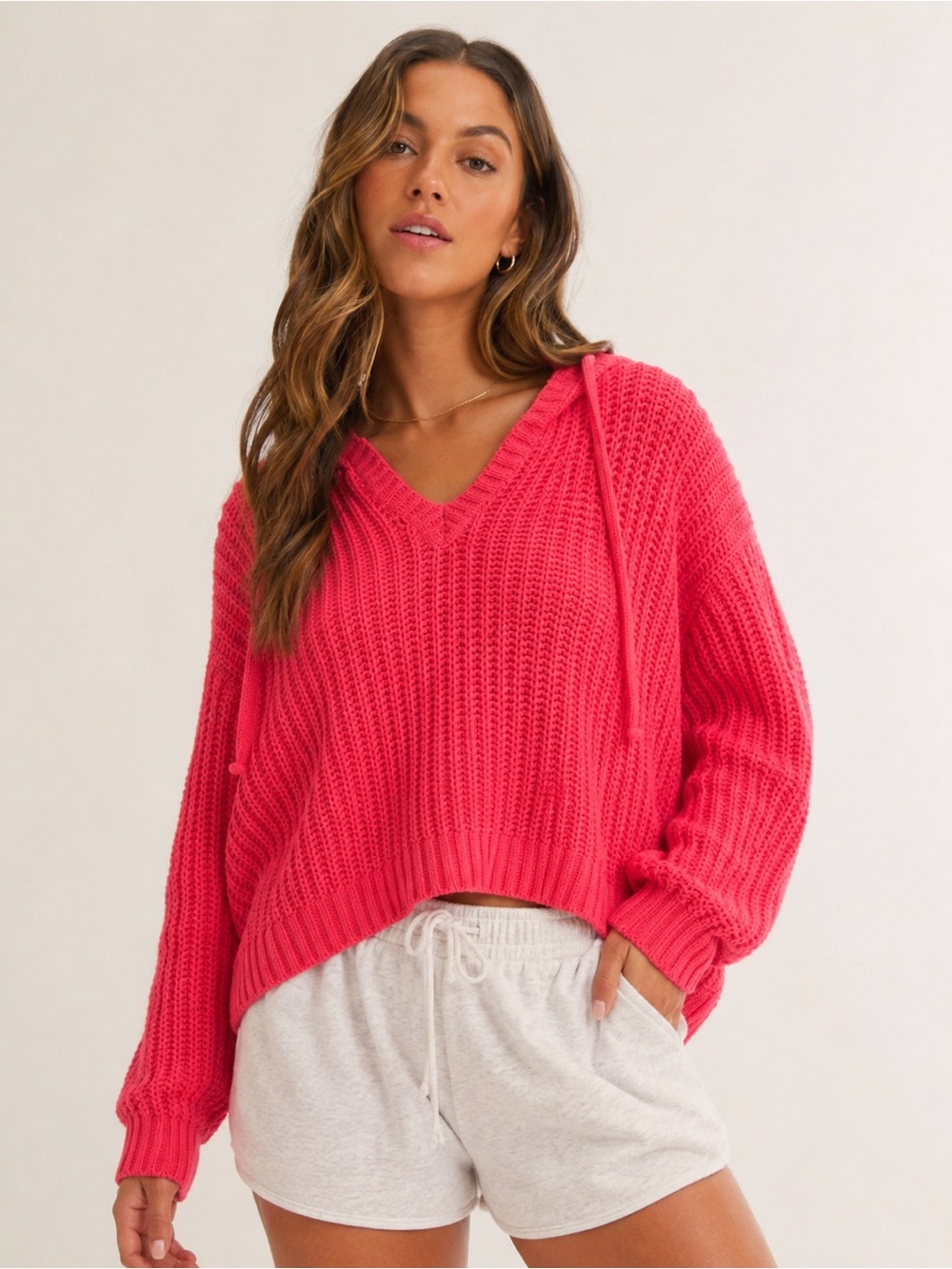 Aerie Coral Pink Chunky Knit Hooded Sweater L/G